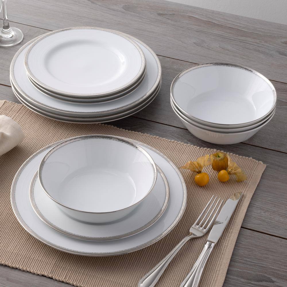 Whiteridge Platinum (White) Porcelain 12-Piece Dinnerware Set, Service For 4 - Hercitys