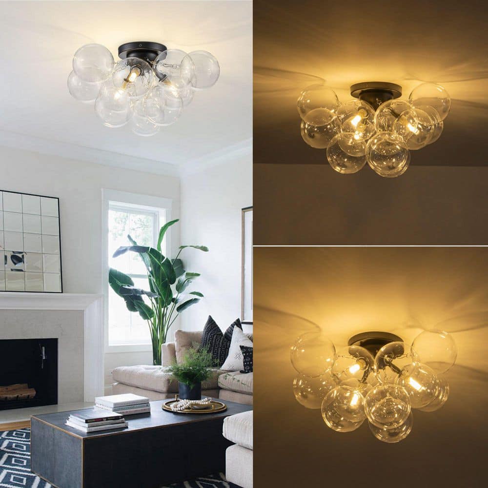 Orbis 18 in. W 3-Light Modern Black Semi-Flush Mount Dimmable Cluster Froyer Ceiling Light with Clear Glass Shade - Hercitys