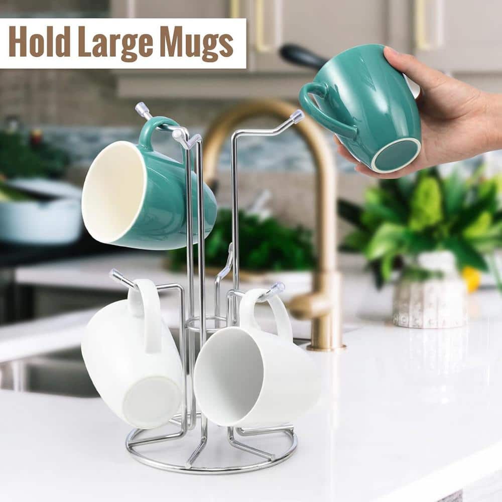 Metal Coffee Mug Holder for Countertop Large Mugs with 6-Hooks and Mug Rack Display for Coffee in Silver - Hercitys