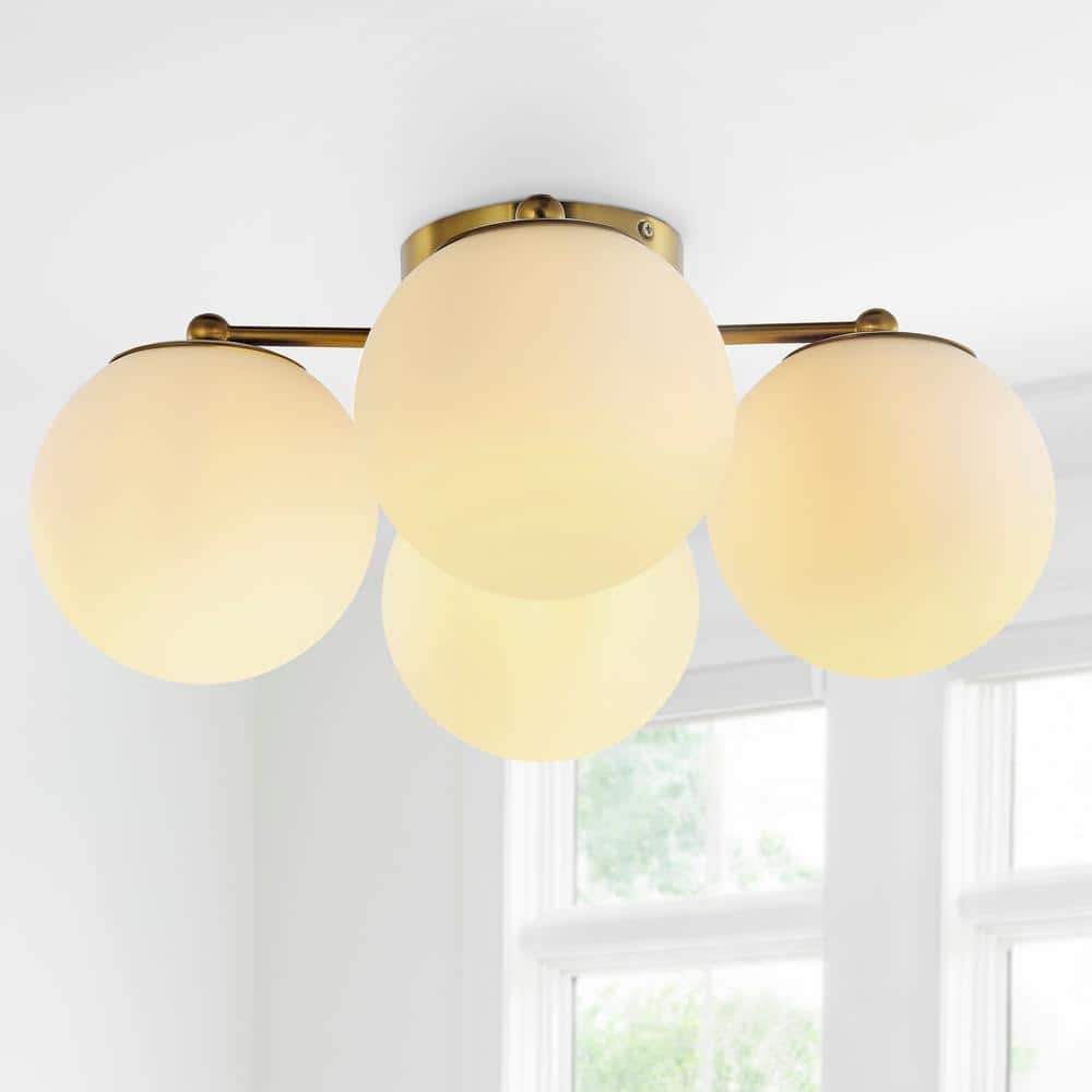 Orly 18 in. 4-Light Brass Gold Bohemian Farmhouse Iron/Frosted Glass LED Semi Flush Mount, White - Hercitys