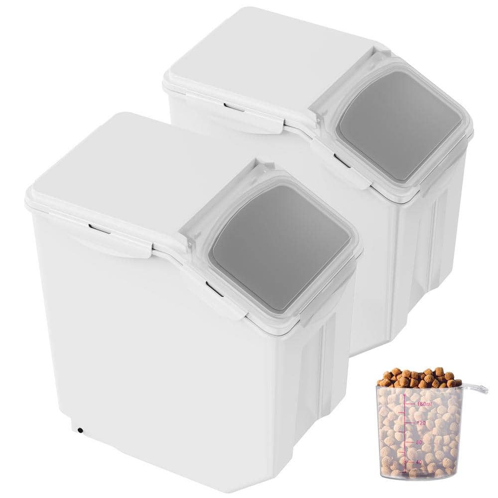 Ingredient Storage Bin Set, 2 x 15 L with Measuring Cups, Casters and Airtight Lid, for Pet Food or Kitchen, 2-Piece, PP - Hercitys