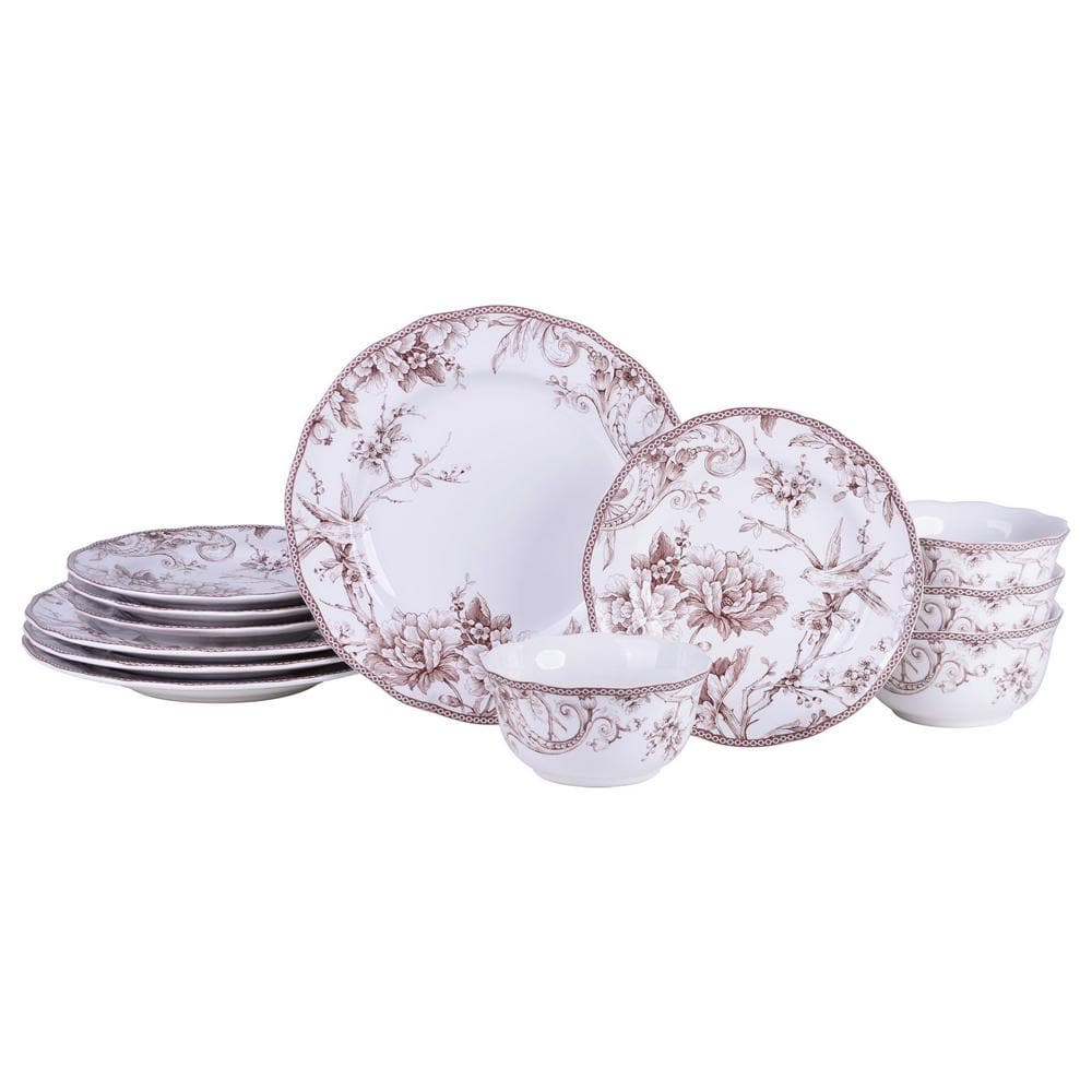 Adelaide Brown on White Porcelain 12-Pieces Dinnerware Set - Hercitys