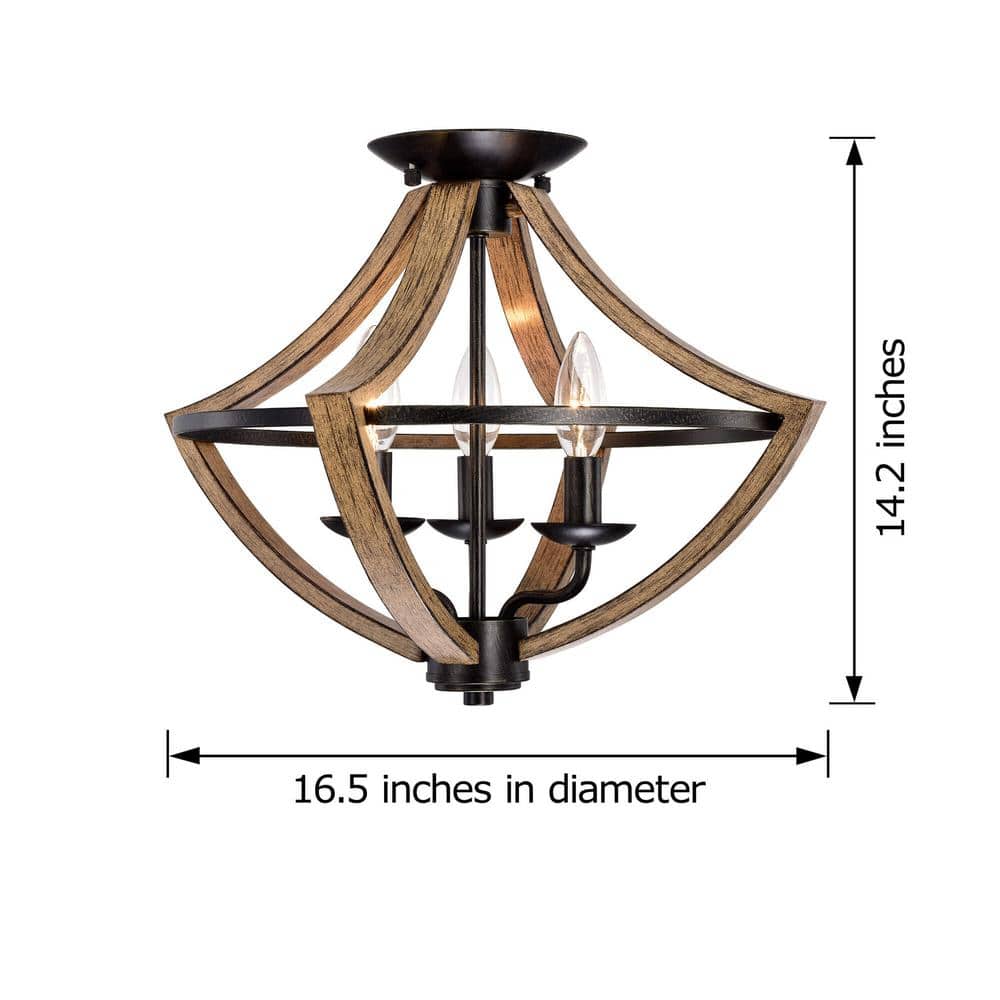 Elsa 16.5 in. 3-light Antique Black Wood Grain Flush Mount with No Bulbs Included - Hercitys