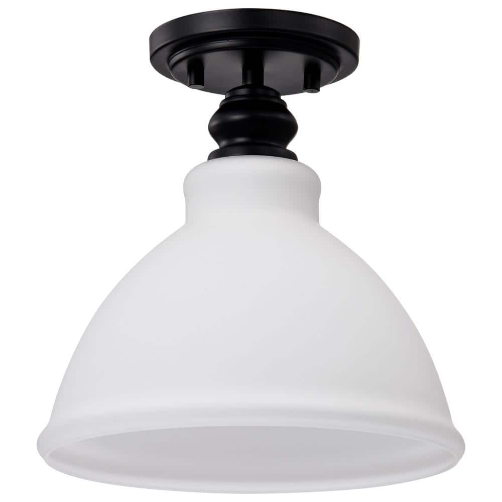 Russel 10 in. 1-Light Matte Black Semi-Flush Mount Satin White Glass Shade - Hercitys