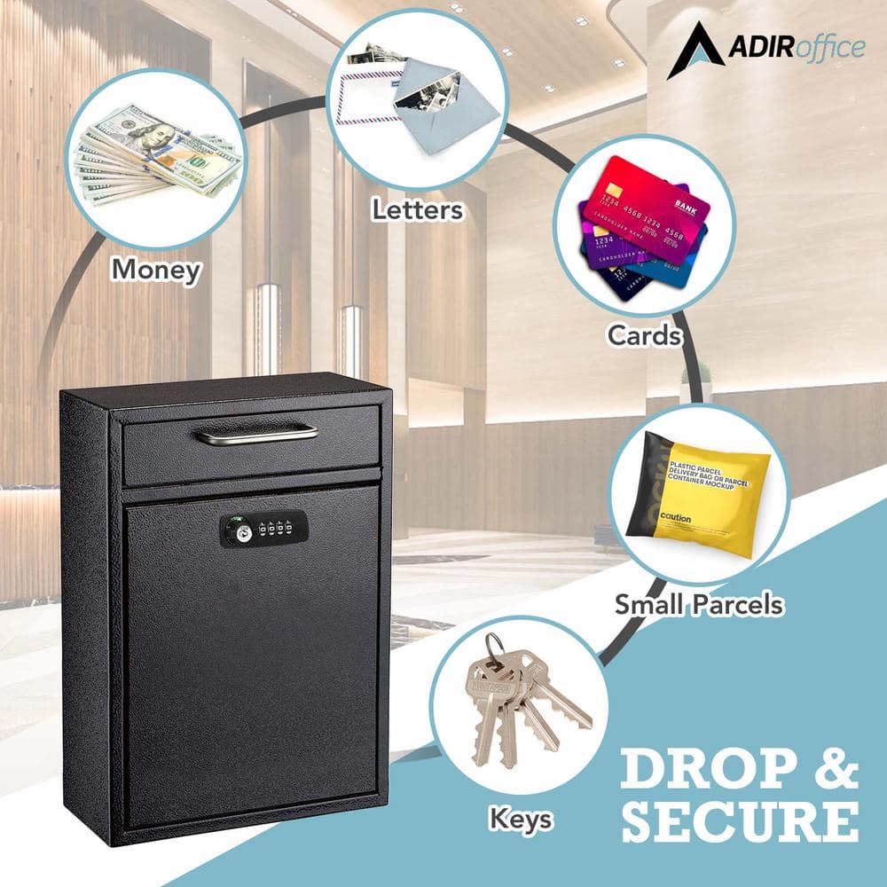 Large Maibox Wall-Mount Secure Drop Box with Key and Combination Locking System, Black - Hercitys