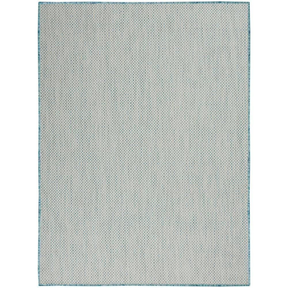 Courtyard Ivory Aqua 5 ft. x 7 ft. Geometric Contemporary Indoor/Outdoor Patio Area Rug - Hercitys