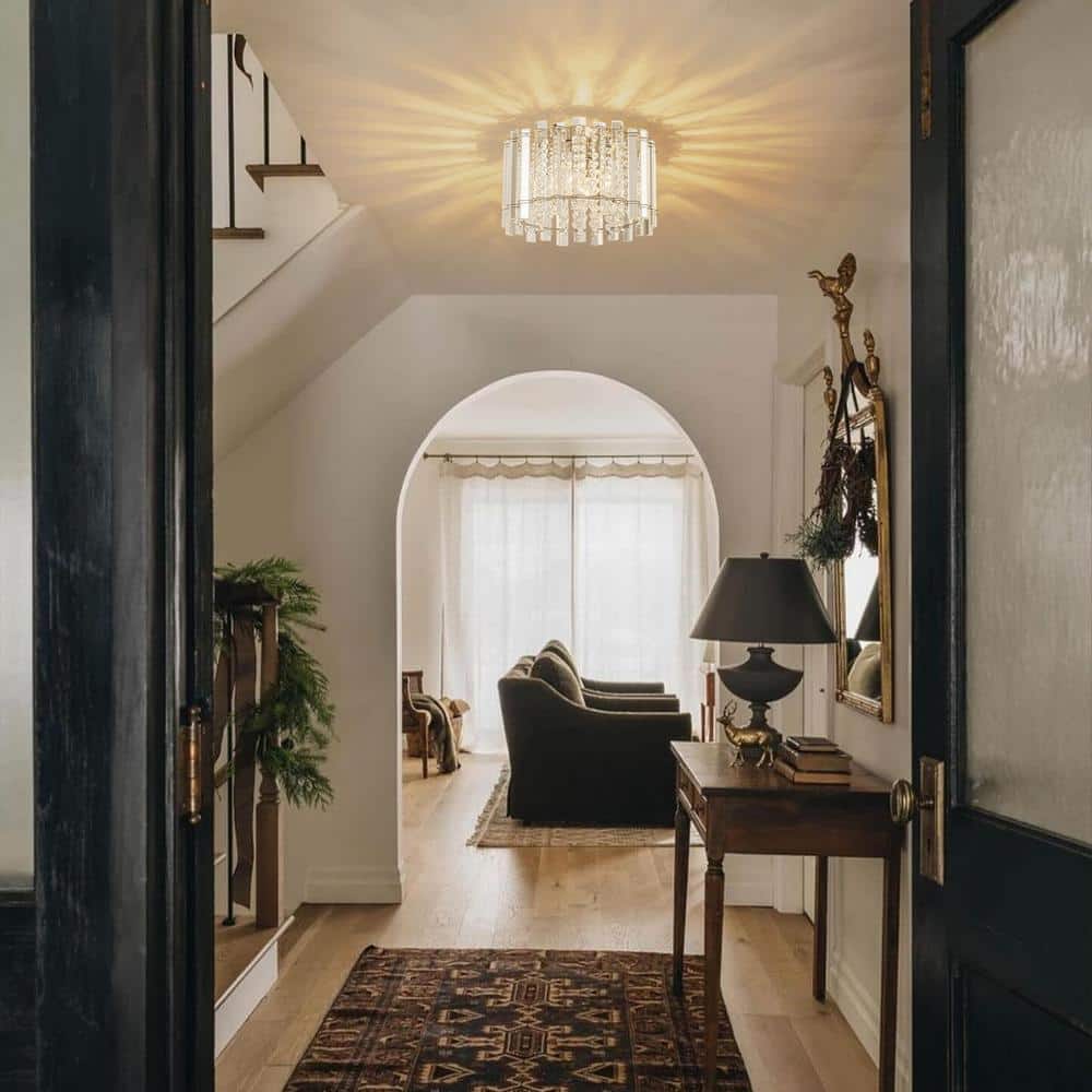 Durgin 14.1 in. 4-Light Chrome Modern Glam Dome Cylinder Drum Crystal Flush Mount Ceiling Light with Crystal Beads - Hercitys