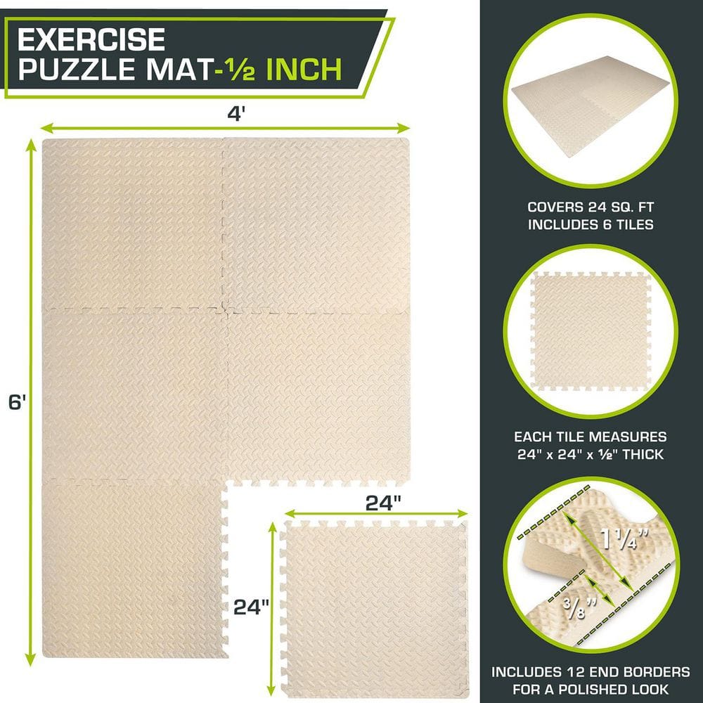 Beige 24 in. W x 24 in. L x 0.5 in. T EVA Interlocking Foam Gym Flooring Mat (6 Tiles/Pack) (24 sq. ft.) - Hercitys