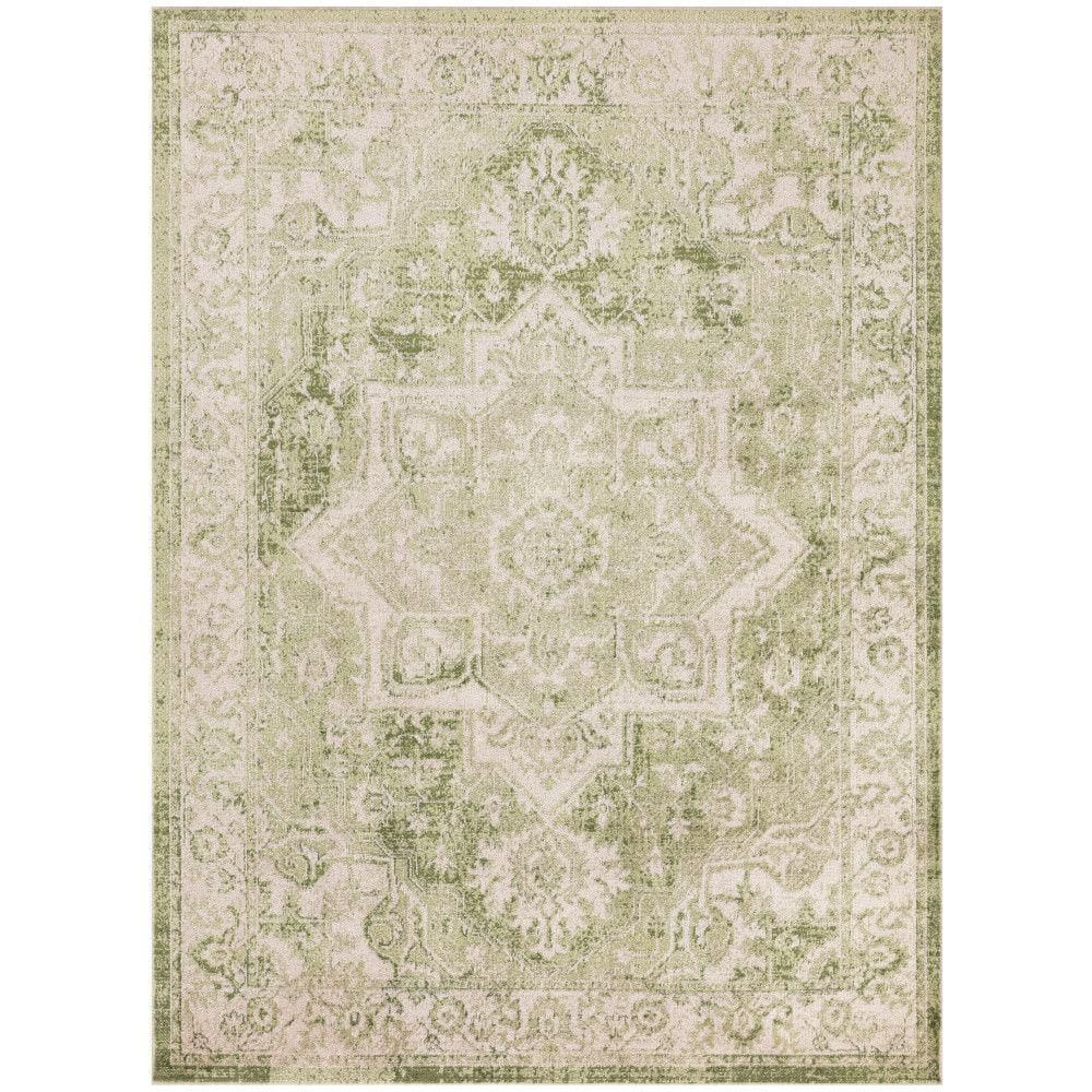 Astra Machine Washable Ivory Green 5 ft. x 7 ft. Center medallion Traditional Area Rug - Hercitys