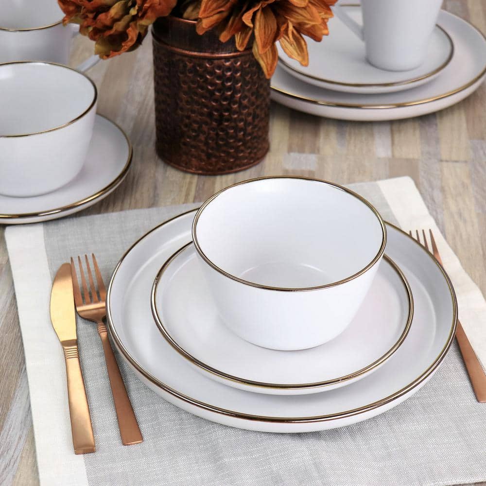 Arthur 16-Piece Stoneware Dinnerware Set in Matte White with Gold Rim - Hercitys