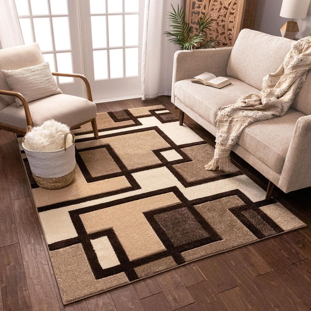 Ruby Imagination Squares Cream 5 ft. x 7 ft. Modern Geometric Area Rug - Hercitys