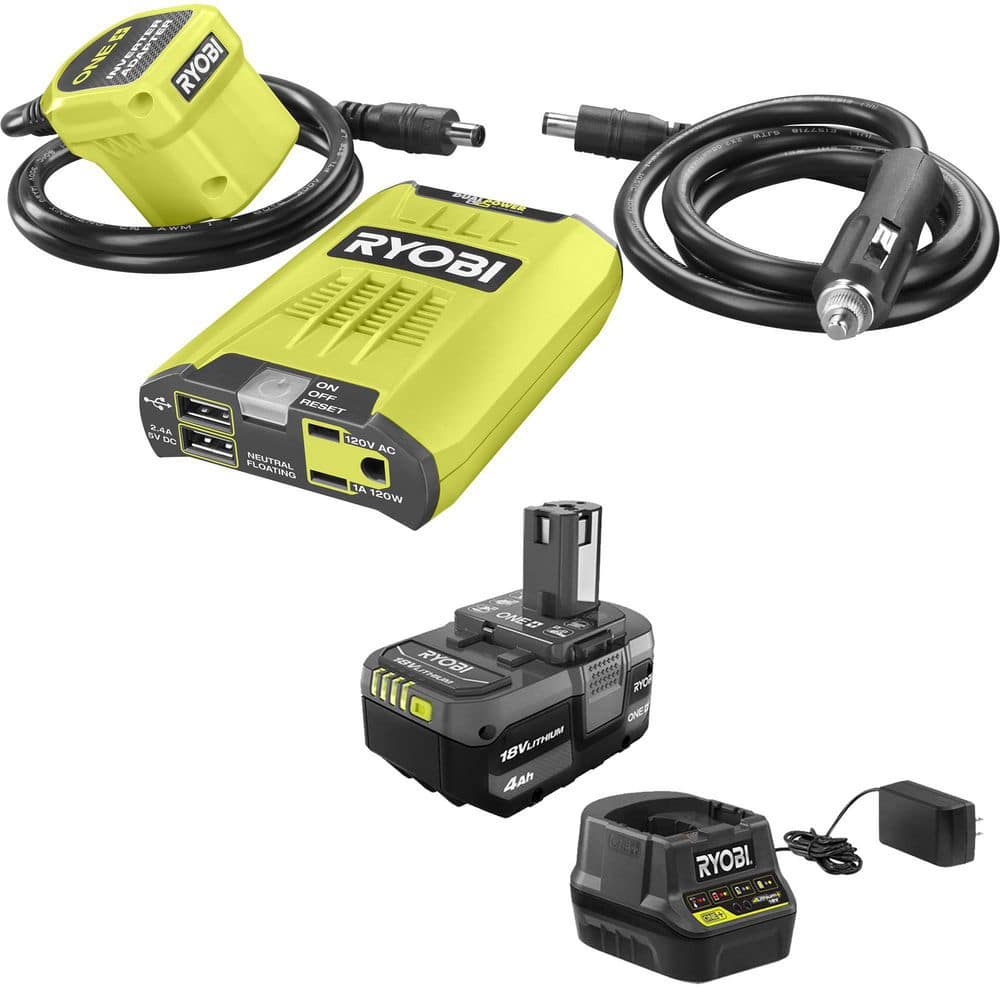 ONE Plus 18-Volt 120-Watt 12-Volt Automotive Power Inverter with Dual USB Ports – 4.0 Ah Battery and Charger - Hercitys