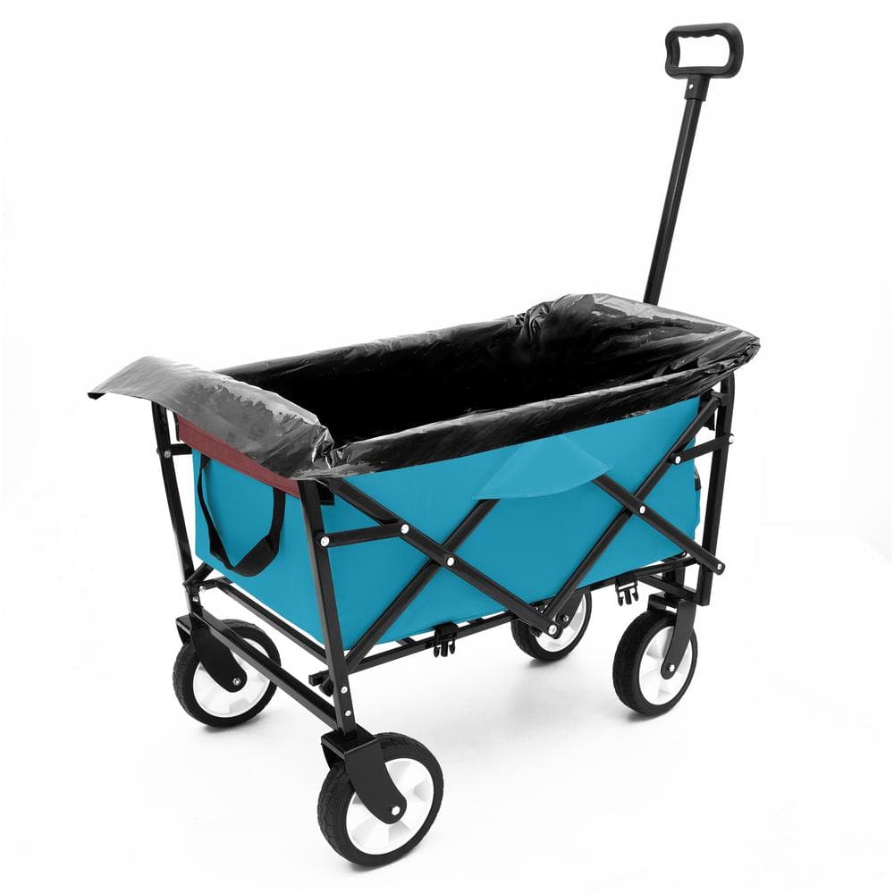 9.7 cu. ft. Fabric Collapsible Garden Cart, Heavy Duty Beach Wagon Camping Grocery Cart w/3 Plastic Liner Bags, Cyan - Hercitys