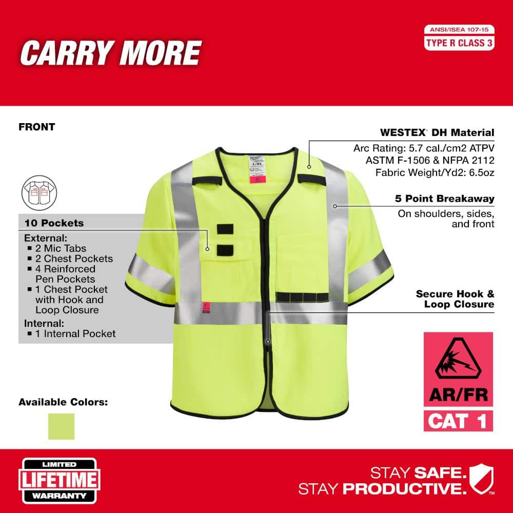 Arc-Rated/Flame-Resistant Small/Medium Yellow Woven Class 3 High Visibility Safety Vest with 10-Pockets and Sleeves - Hercitys