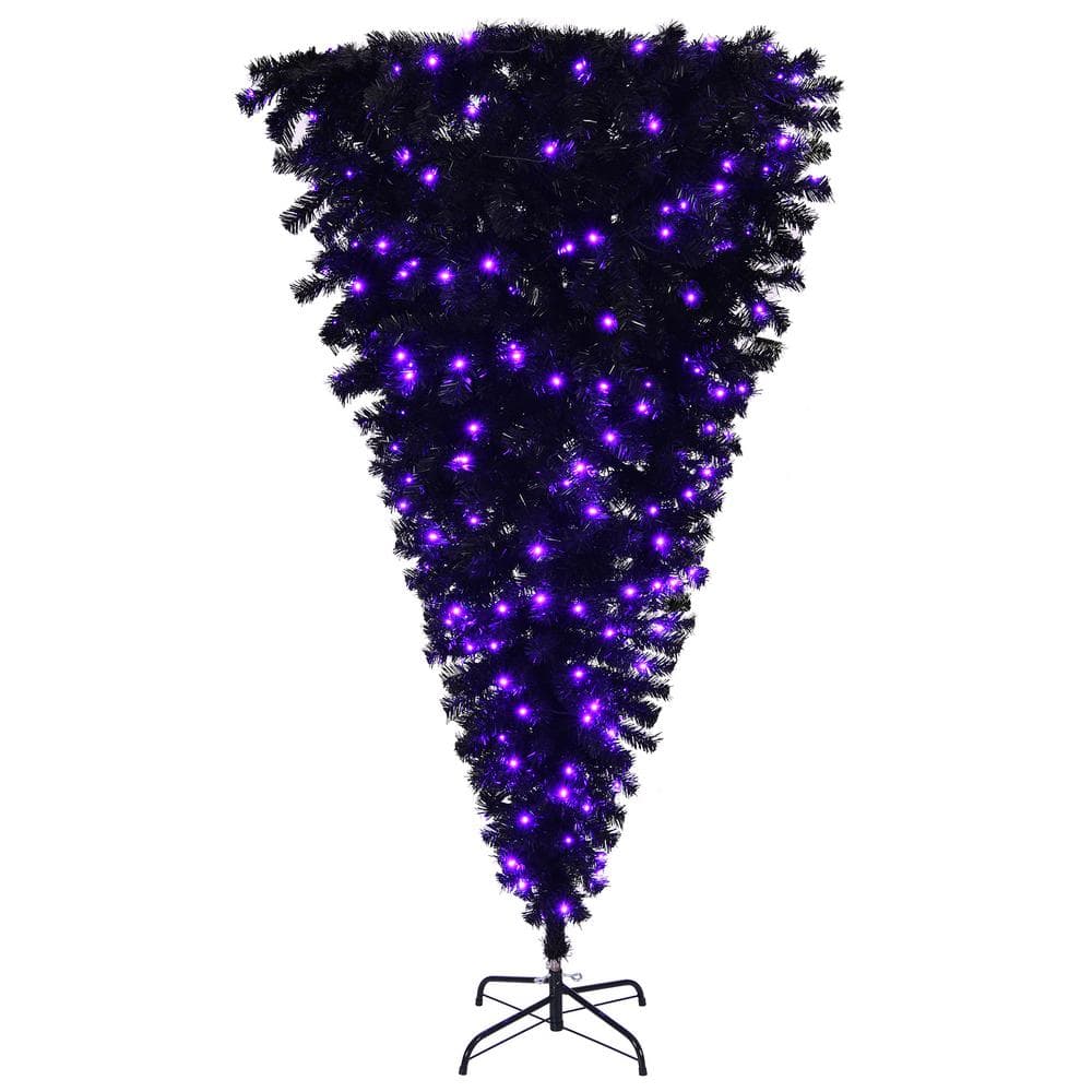 6 ft. Pre-Lit Upside Down Artificial Christmas Tree with 250 LED Lights and Pumpkin, Skull Ornaments - Hercitys
