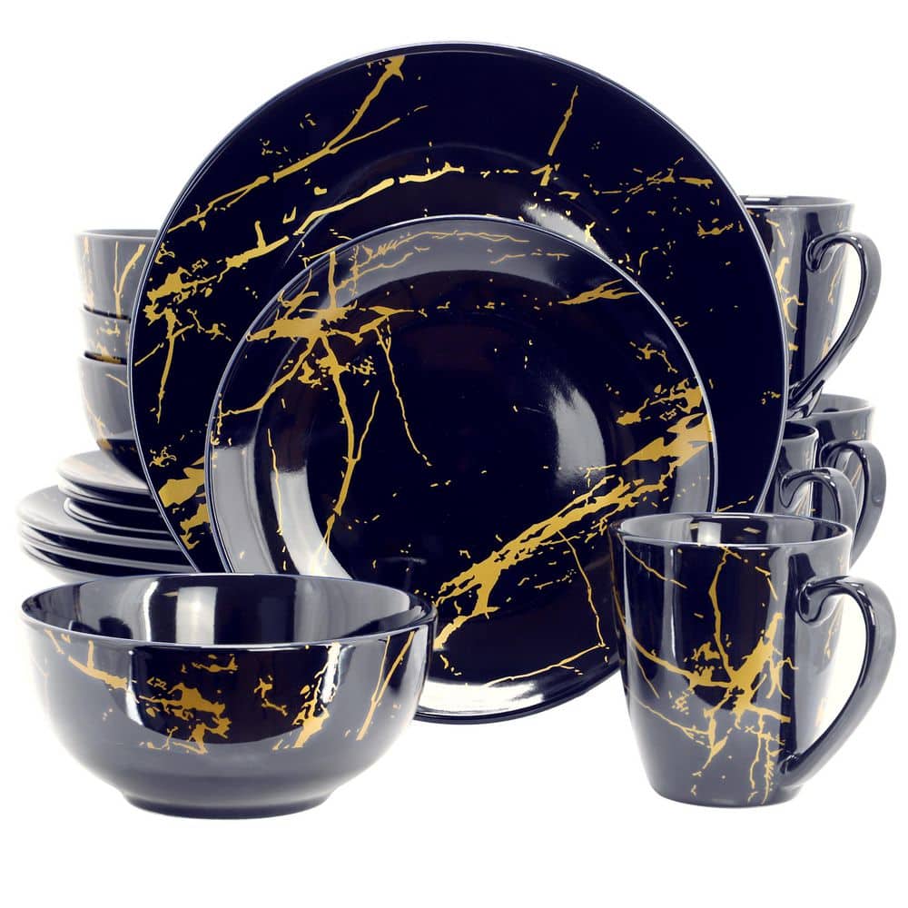 Elama Gilded Stone 16 Piece Ceramic Dinnerware Set in Dark Blue with Gold Veining - Hercitys
