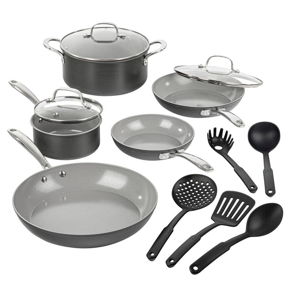 Professional 13-Piece Aluminum Hard Anodized Grey Ceramic Coating Nonstick Premium Cookware Set with Utensils - Hercitys
