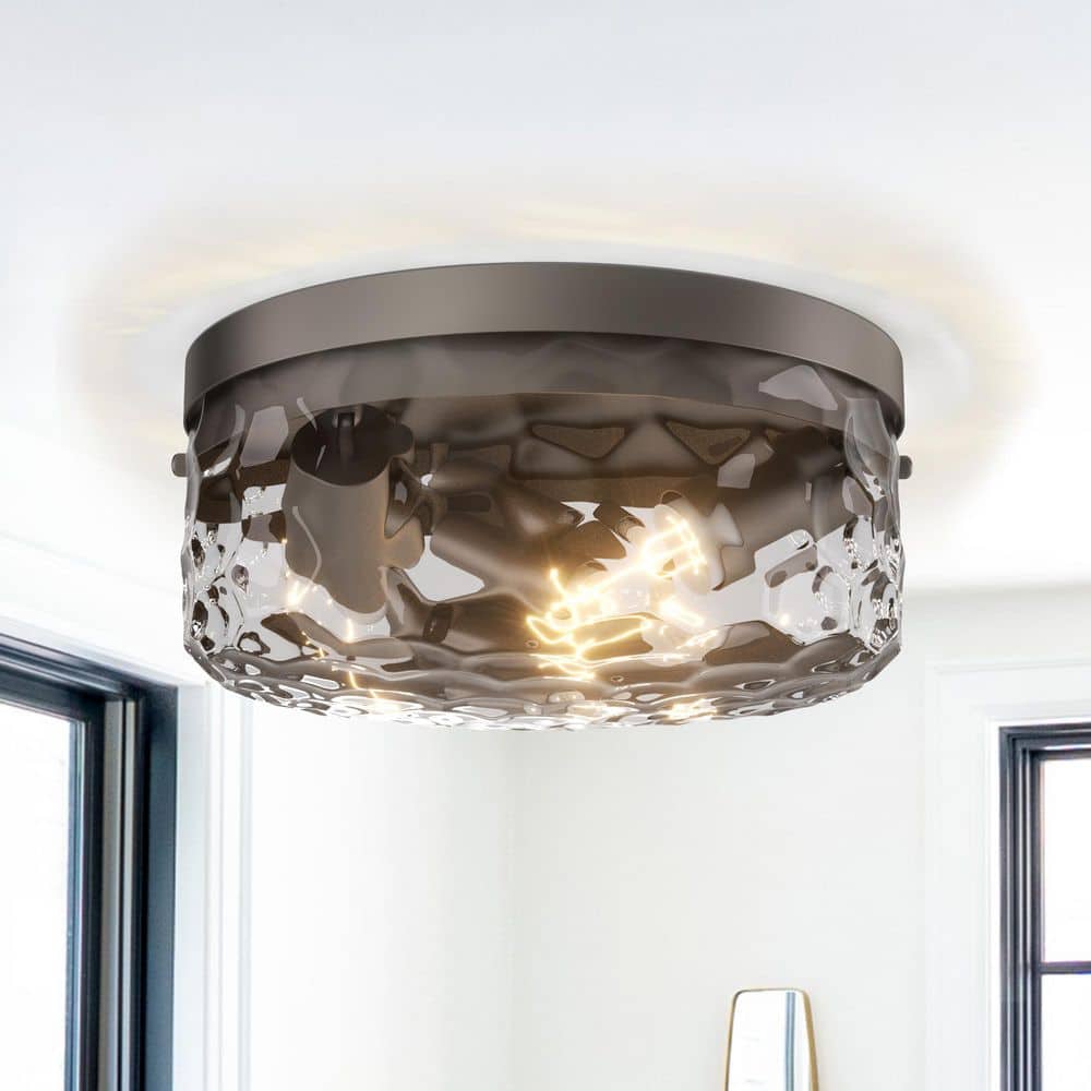 Raleigh 12-In 3-Light Brown Flush Mount Ceiling Light with Ripple Glass Shade - Hercitys