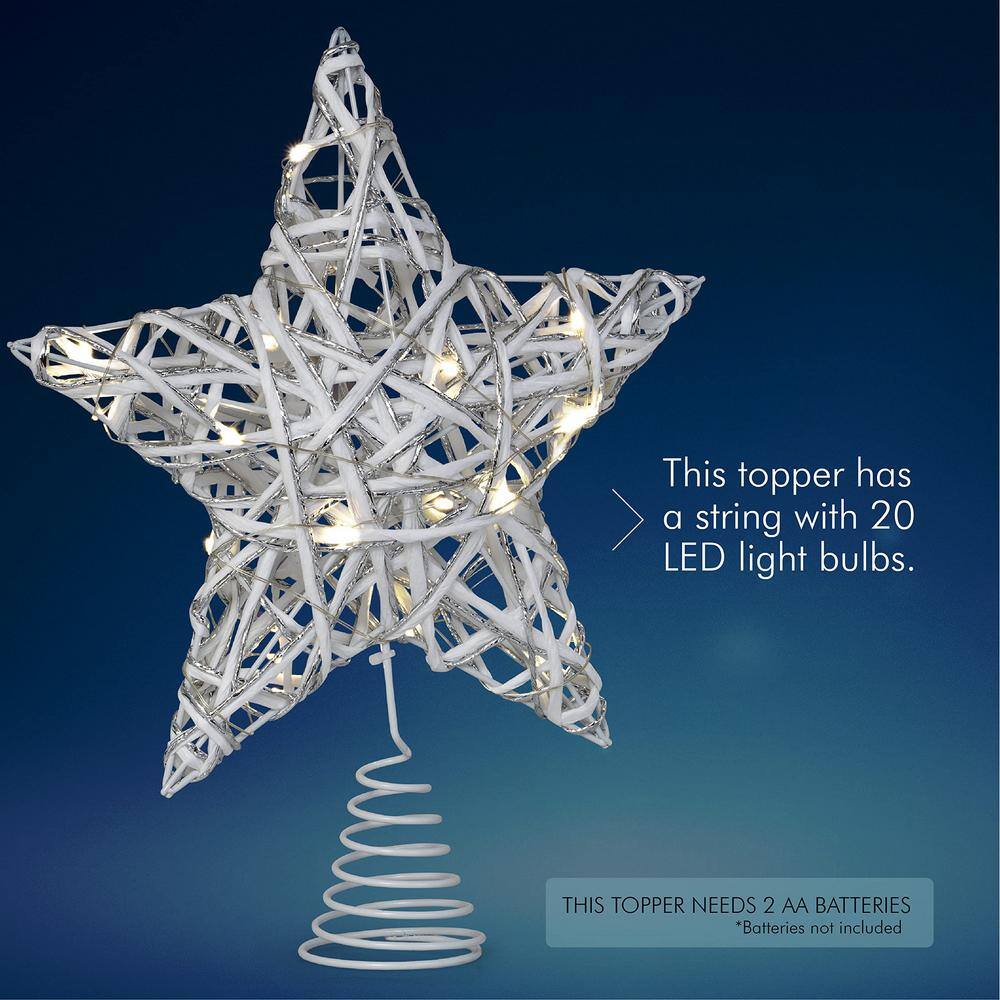 Christmas Rattan Tree Topper – White and Silver Xmas Rustic Star LED Light Up Tree Topper Ornament Decoration - Hercitys