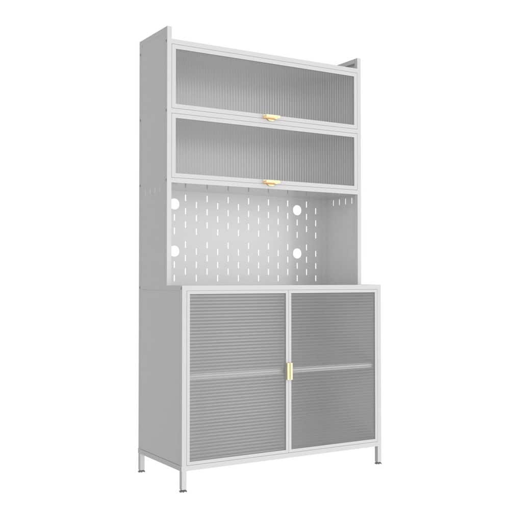 White Steel Kitchen Pantry Cabinet Storage Cabinet with Wire Holes, Hooks, Cutlery Organizer, Pegboard Design - Hercitys