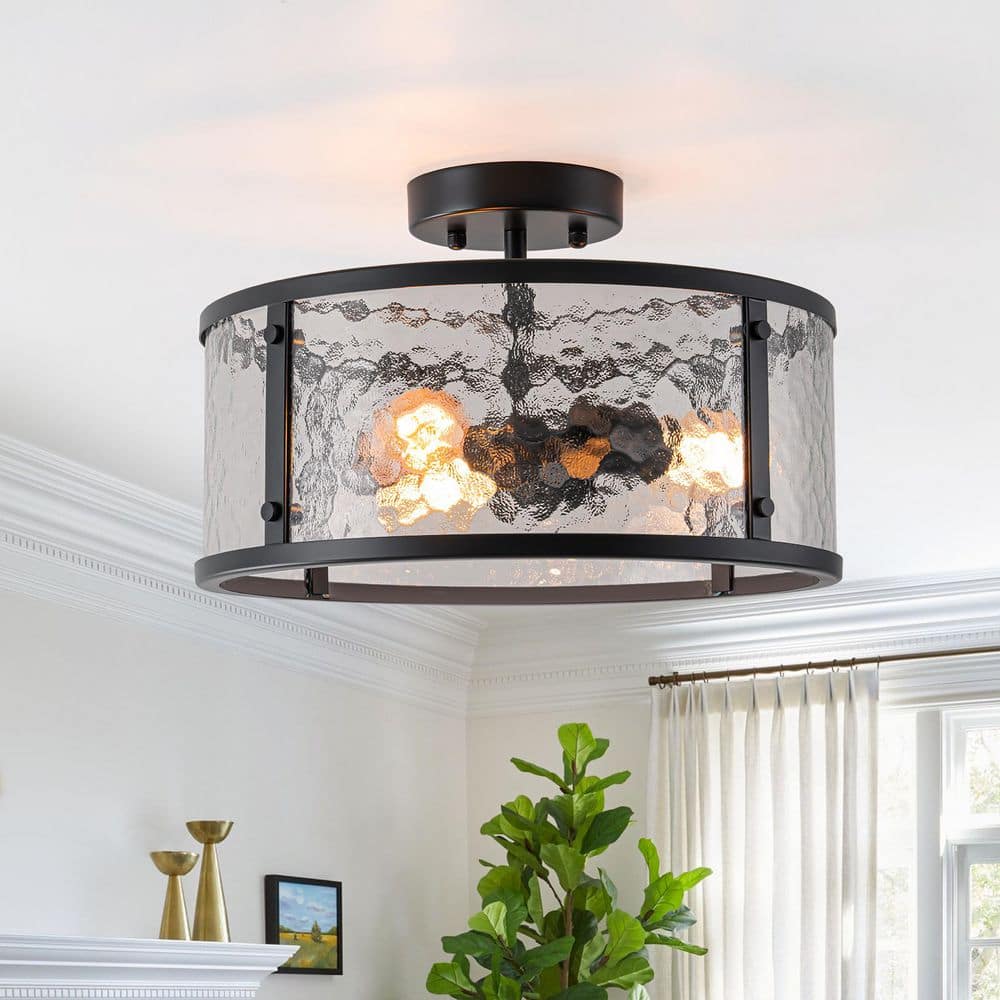 Dvorakova 13.78 in. 3-Light Matte Black Semi Flush Mount Light with Hammered Drum Glass Shade - Hercitys