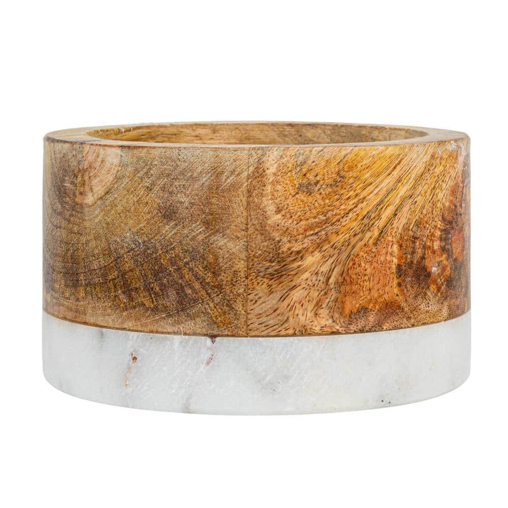 Natural Brown, White Mango Wood and Marble Bottle Holder - Hercitys