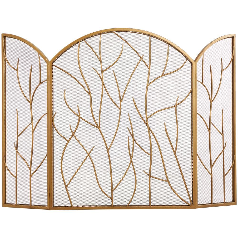 Gold Metal Tree Arched 3-Panel Fireplace Screen with Branch Inspired Design - Hercitys