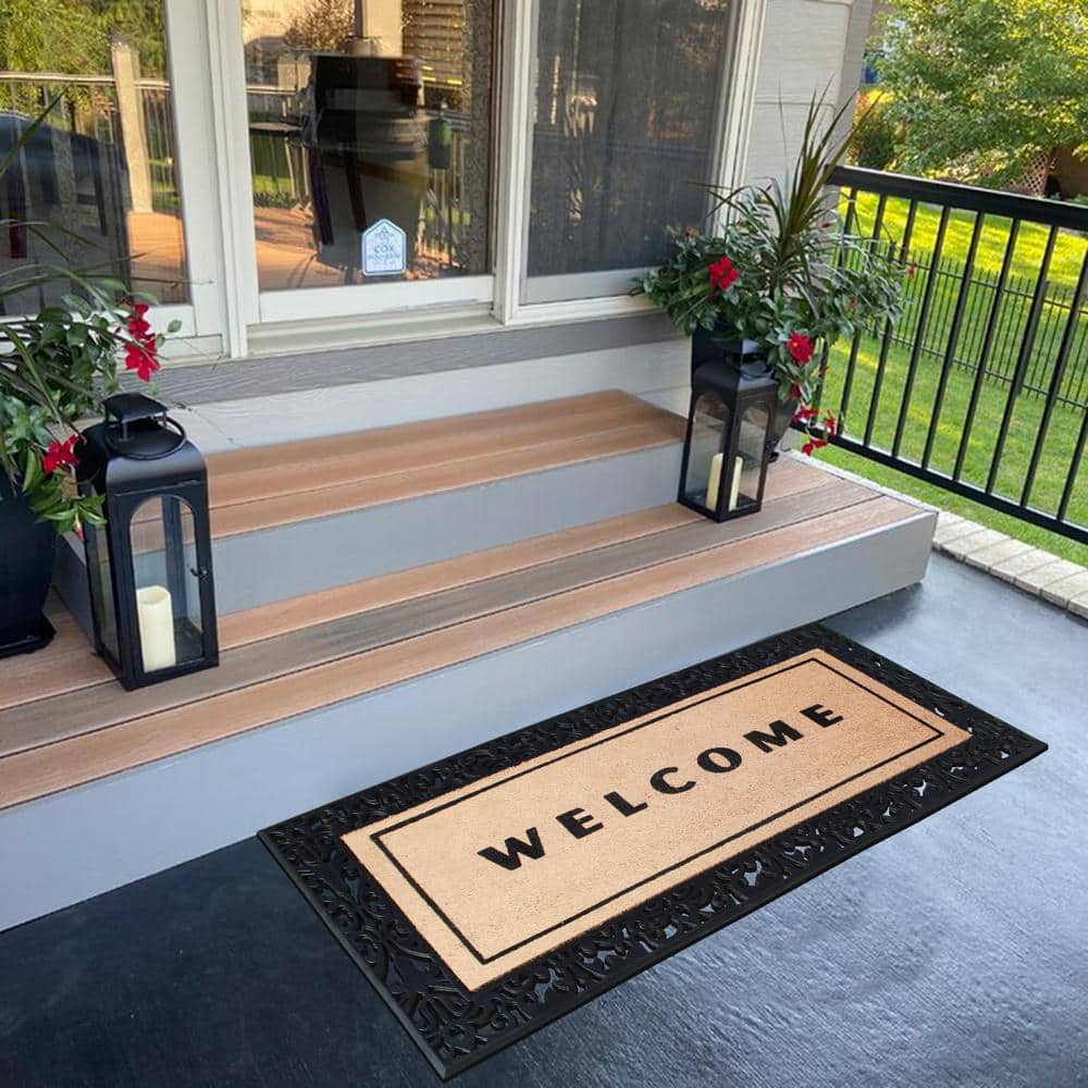 A1HC Welcome Flocked Entrance Door Mats Black/Beige 30 in. x 60 in. Rubber & Coir, Heavy Duty, Extra Large Size Doormat - Hercitys