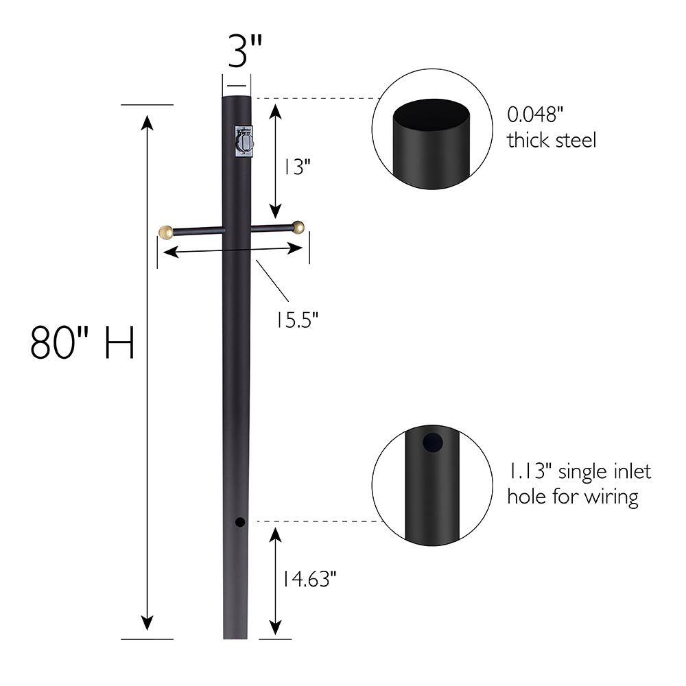 80″ Black Outdoor Lamp Post with Cross Arm and Outlet for 3″ Post Top Light Fixtures - Hercitys