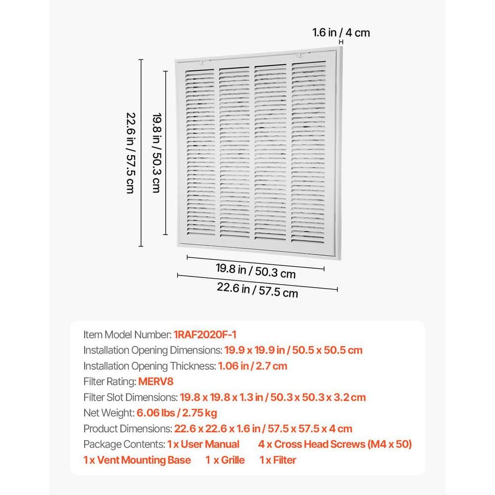 Return Air Filter Grille, Fits 20 W x 20 in. H Duct Opening Size, Filter Included, Return Air Vent Cover for Wall - Hercitys