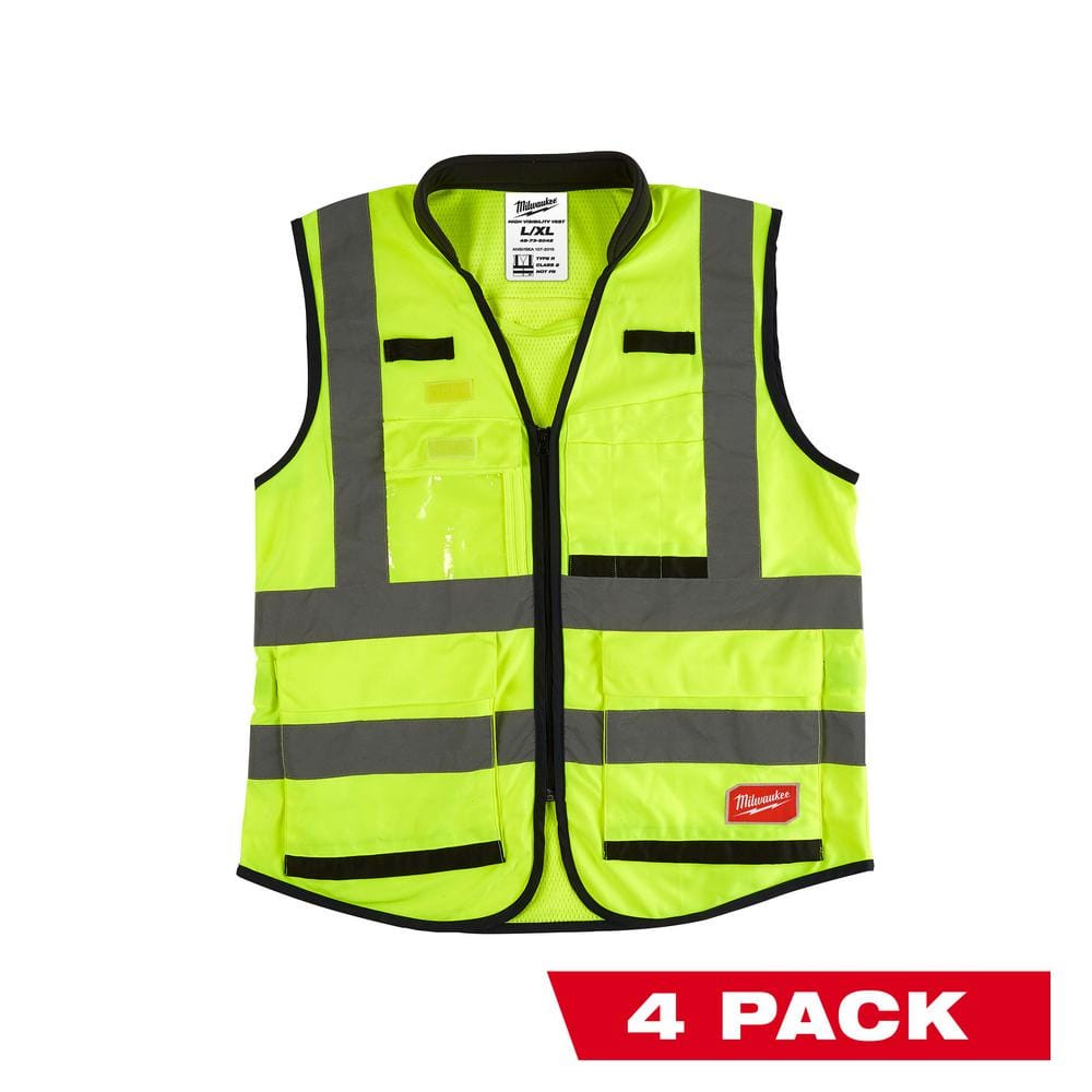 Performance Small/Medium Yellow Class 2 High Visibility Safety Vest with 15 Pockets (4-Pack) - Hercitys