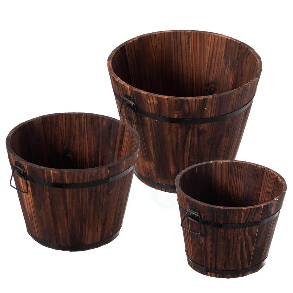 Rustic Wooden Whiskey Barrel Planter with Durable Medal Handles and Drainage Hole – Set of 3 - Hercitys