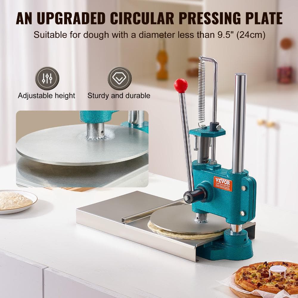 9.5in. Manual Pizza Dough Press Machine Height Adjustable Stainless Steel - Hercitys