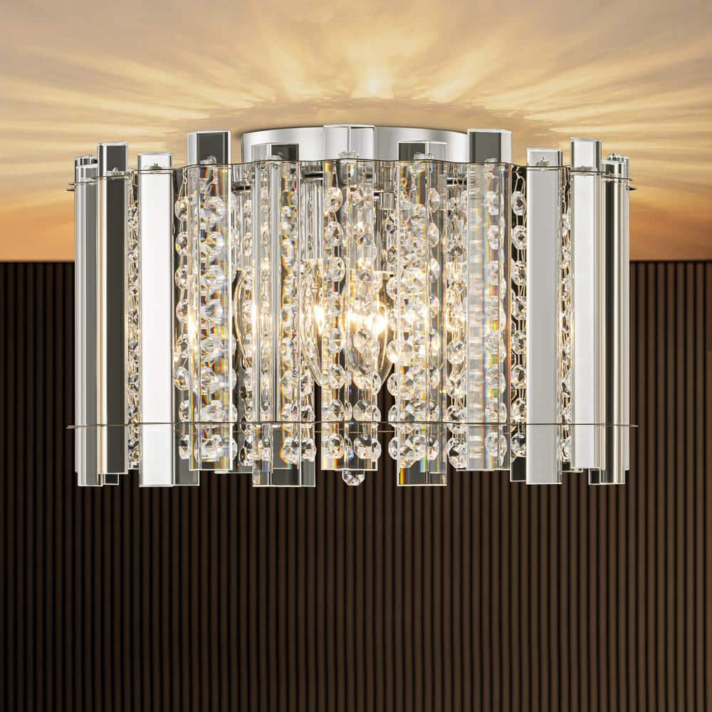 Durgin 14.1 in. 4-Light Chrome Modern Glam Dome Cylinder Drum Crystal Flush Mount Ceiling Light with Crystal Beads - Hercitys