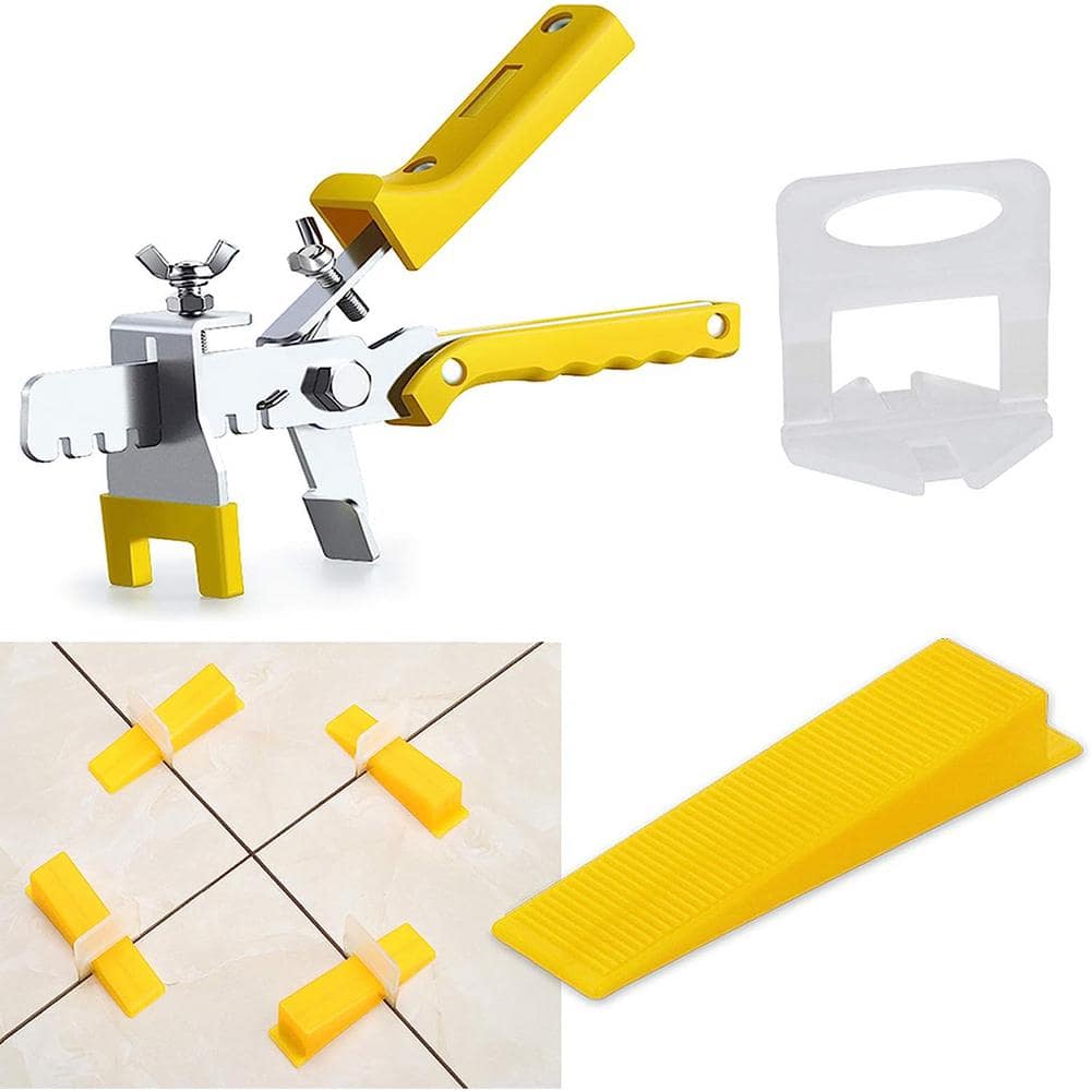 Tile Leveling Systems 300-Pack 1.4 in. W Leveling Clips and 100 pcs Yellow Reusable Wedges and 1 Tile Plier ABS Plastic - Hercitys