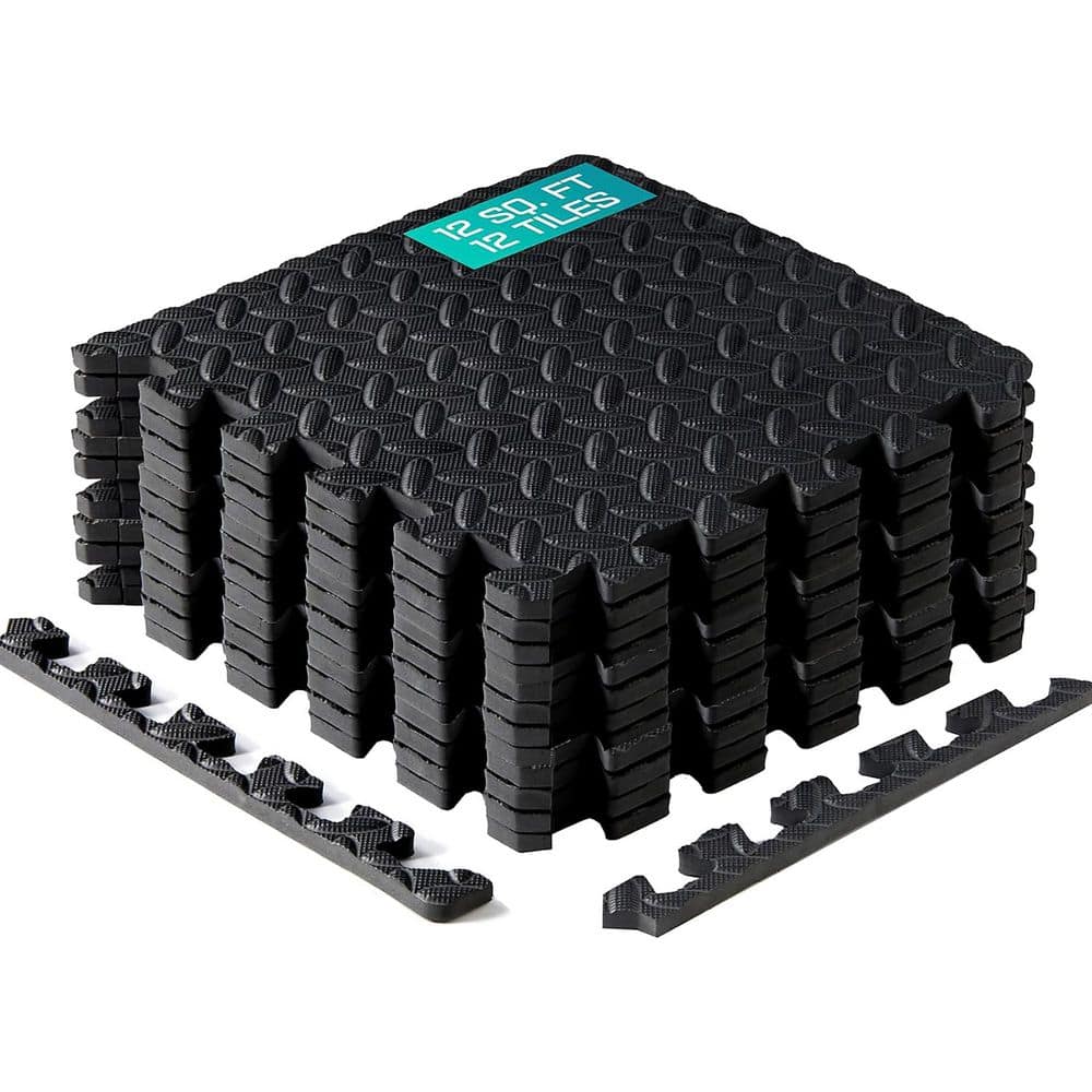 Black 12 in. W x 12 in. L x 0.44 in. T Interlocking Foam Gym Flooring Mat (12 Tiles/Pack) (12 sq. ft. ) - Hercitys