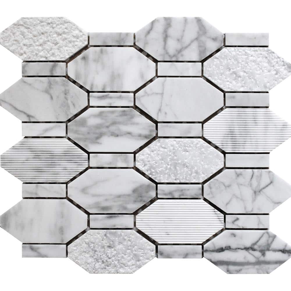 Gray 11 in. x 12.2 in. Hexagon Polished and Etched Marble Mosaic Floor and Wall Tile (4.66 sq. ft./Case) - Hercitys