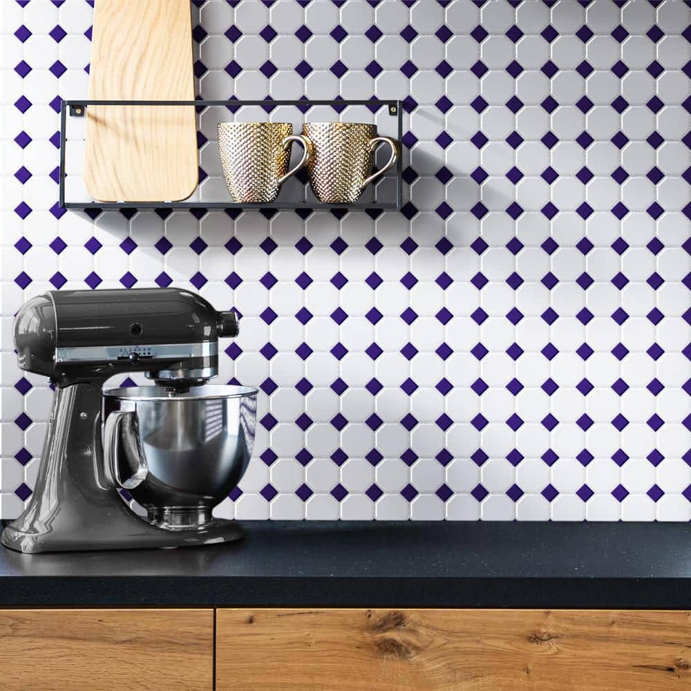 Metro Octagon Matte White with Cobalt Dot 11-1/2 in. x 11-1/2 in. Porcelain Mosaic Tile (9.4 sq. ft./Case) - Hercitys