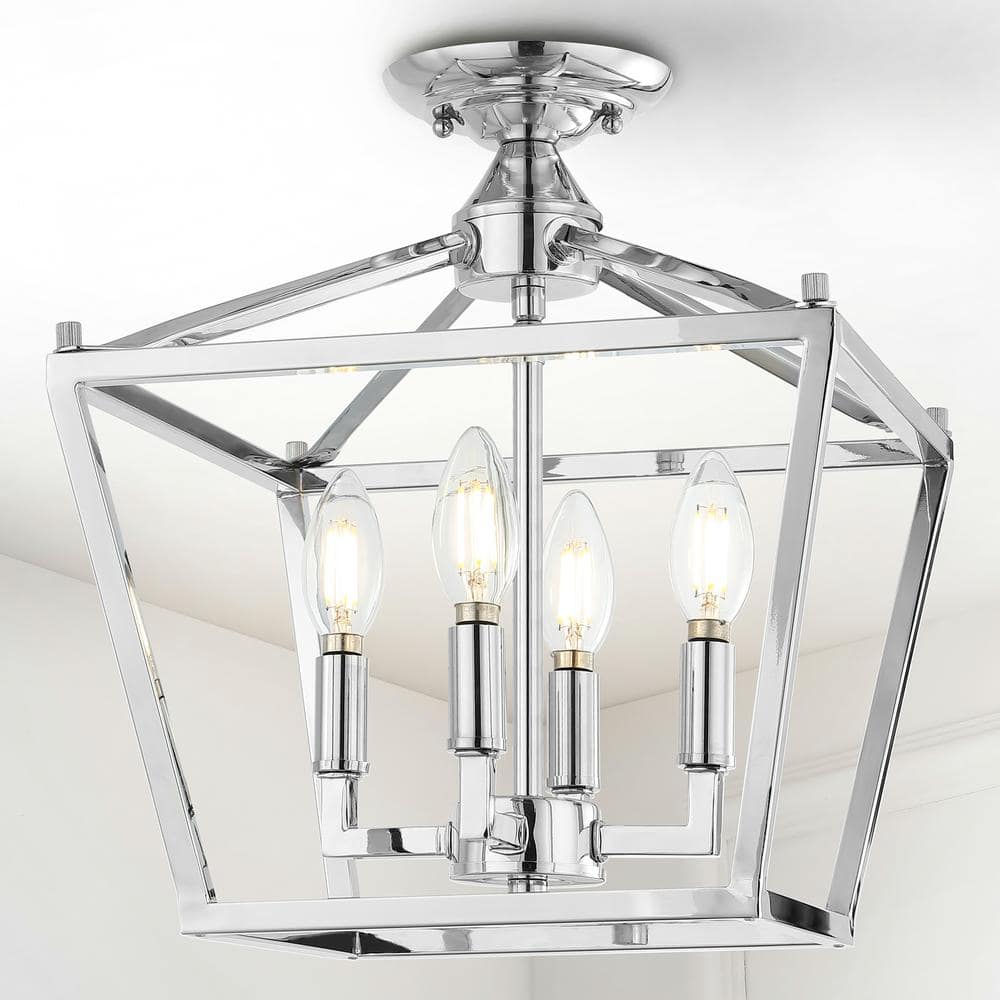 Plains Mini Lantern 12 in. 4-Light Chrome Iron Modern Farmhouse LED Flush Mount - Hercitys