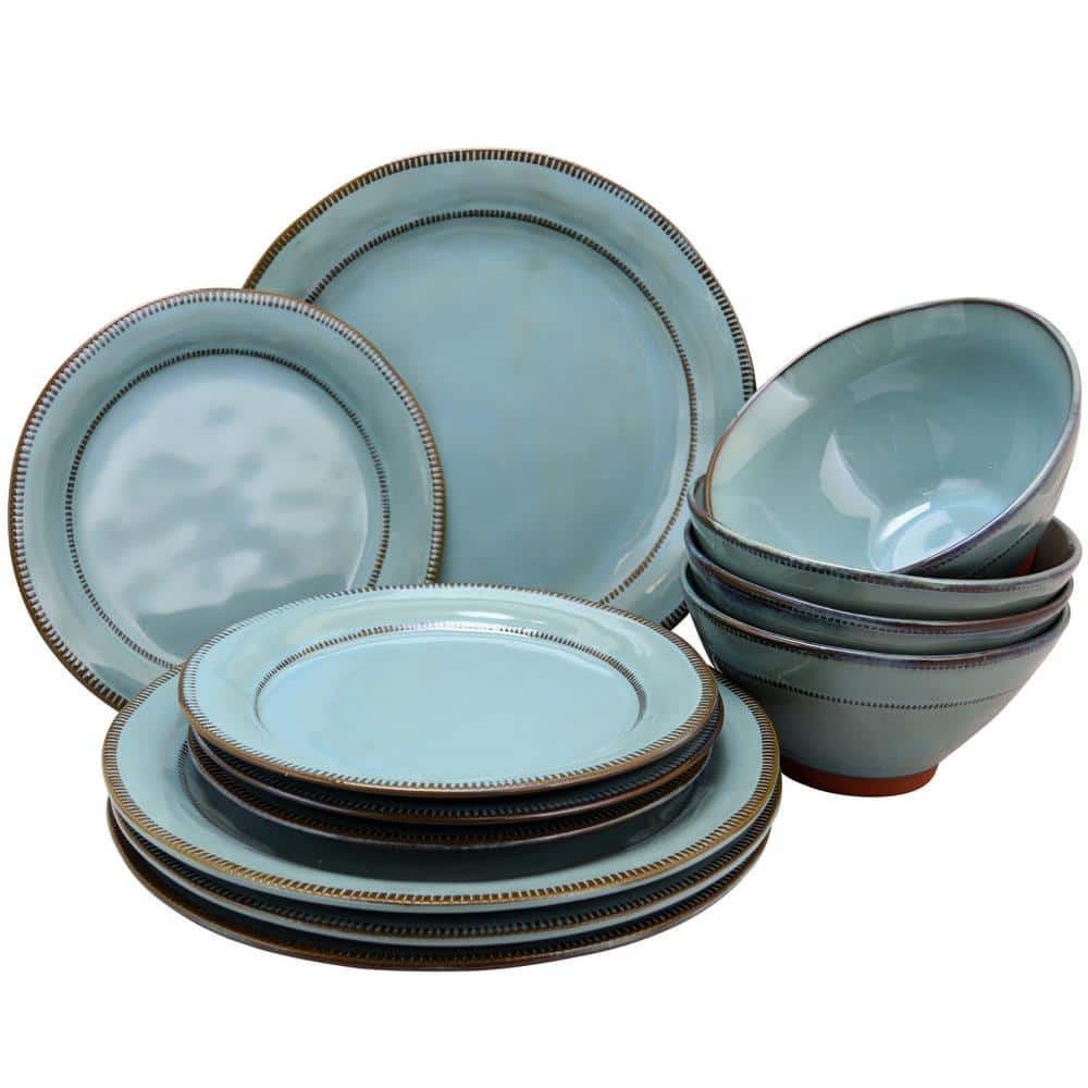 Terranea 12-Piece Country/Cottage Teal Terra Cotta Dinnerware Set (Service for 6) - Hercitys