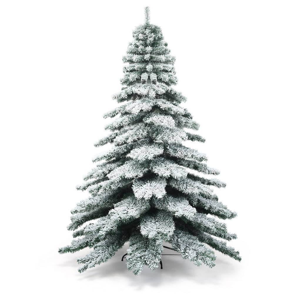 7.5 ft. Snow Flocked Artificial Christmas Tree Hinged Pine Tree with Metal Stand - Hercitys