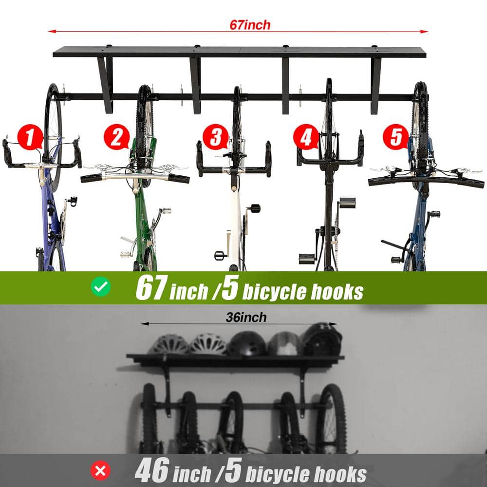 68 in. Bike Storage Rack with Shelf, Garage Bicycle Wall Mount Indoor Bicycle Organizer - Hercitys