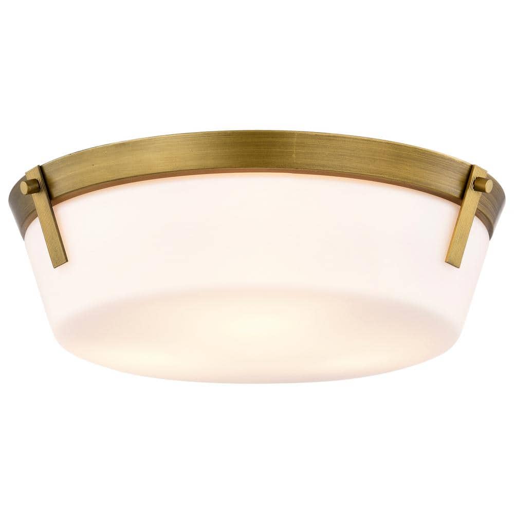 Rowen 14.63 in. 3-Light Natural Brass Traditional Flush Mount with Etched White Glass Shade and No Bulbs Included - Hercitys