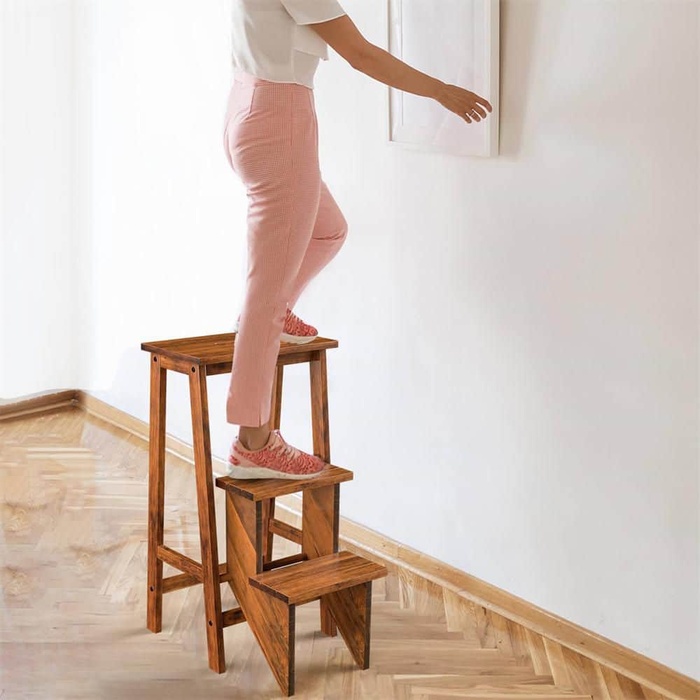 Coffee 3-Tier Folding Step Stool 3-in-1-Rubber Wood Ladder Storage Shelf - Hercitys