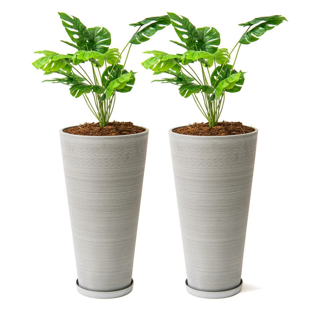 Modern 28 in. Gray Round Planter (Set of 2) Tapered Plastic Design for Indoor & Outdoor Use, Perfect for Patio Decor - Hercitys