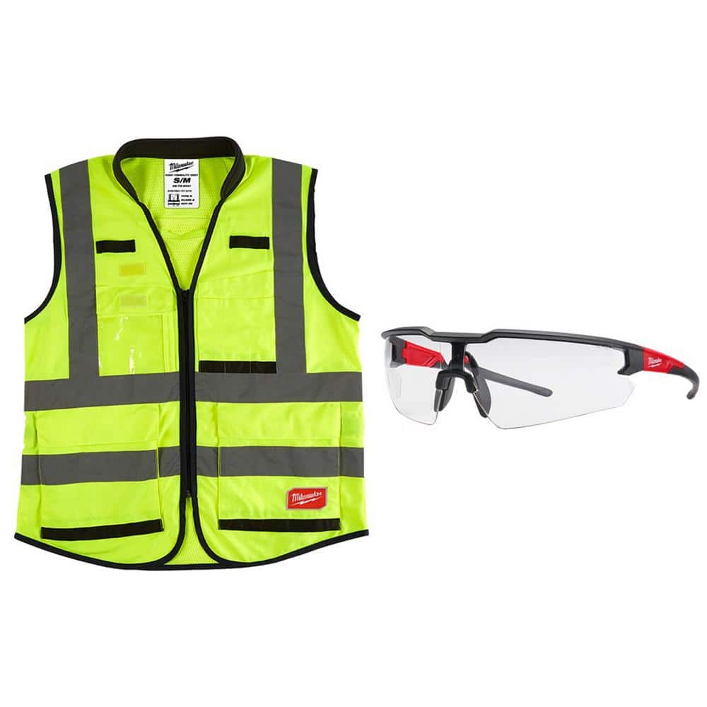 Premium 2X-Large/3X-Large Yellow Class 2-High Visibility Safety Vest with 15 Pockets & Clear Anti Scratch Safety Glasses - Hercitys
