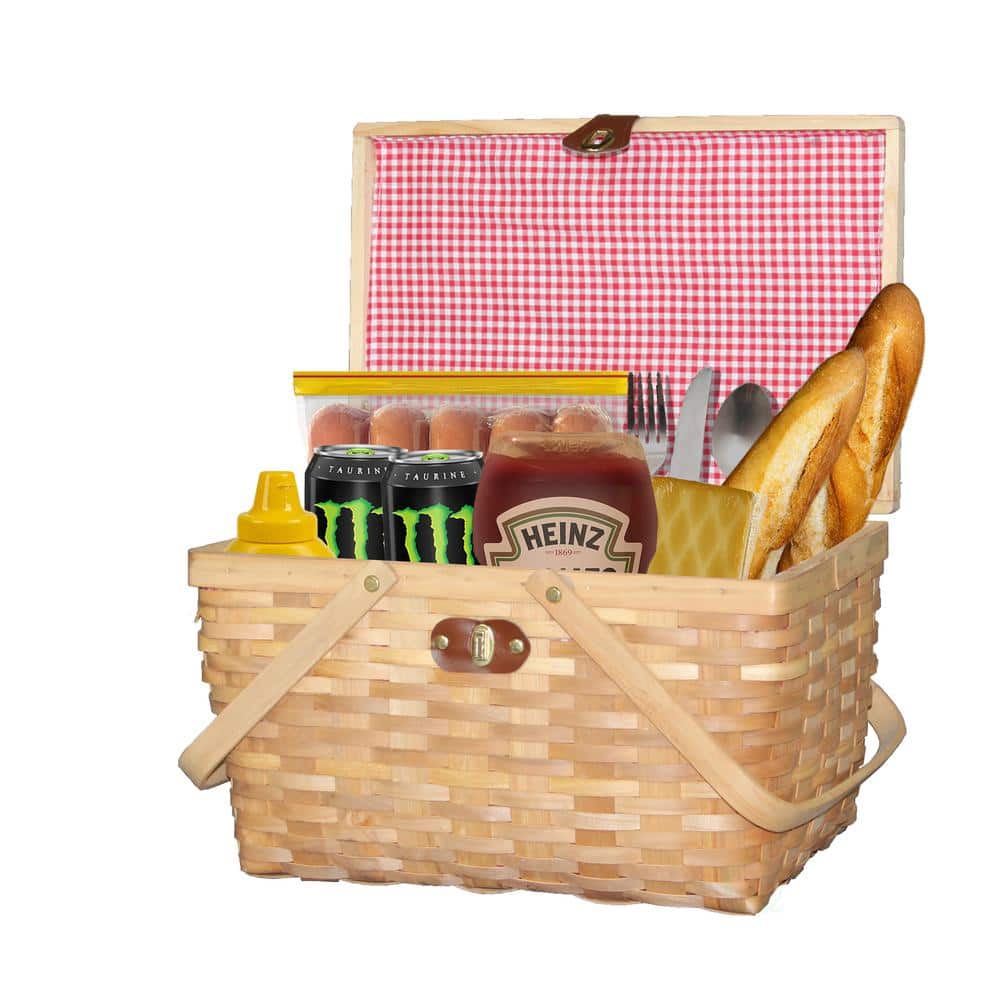 Gingham Natural Lined Woodchip Picnic Basket with Lid and Movable Handles - Hercitys