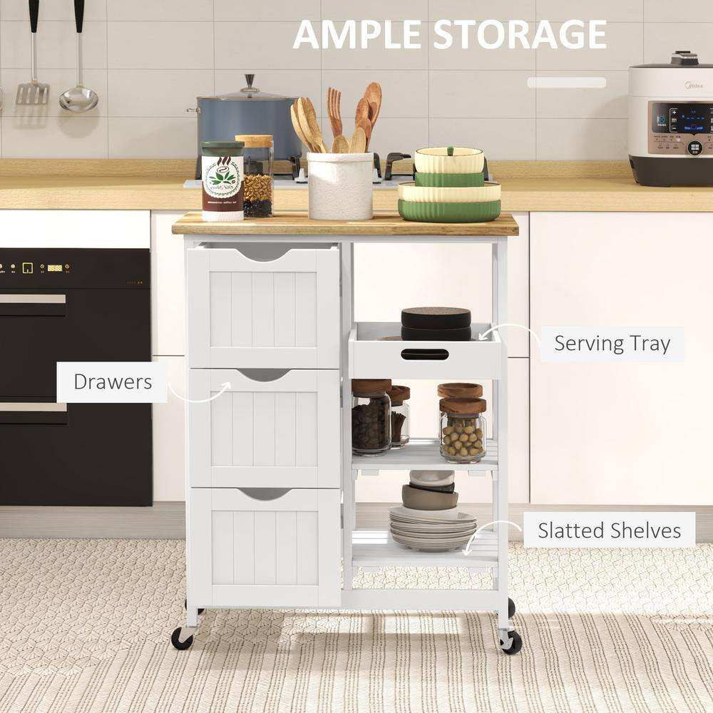 Compact Rolling White Wood Top 26.5 in. Kitchen Island Cart with Drawers and Open Shelves - Hercitys