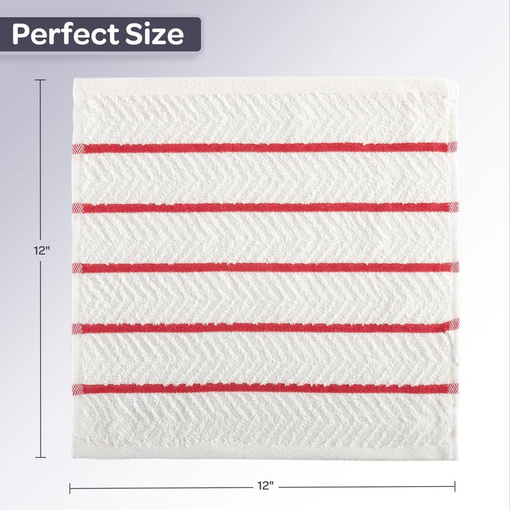 Cotton Dish Cloths 16 Pack – 12 x 12 Dish Cloths for Washing Dishes, Scrubbing, and Drying -Solid White with Red Stripes - Hercitys