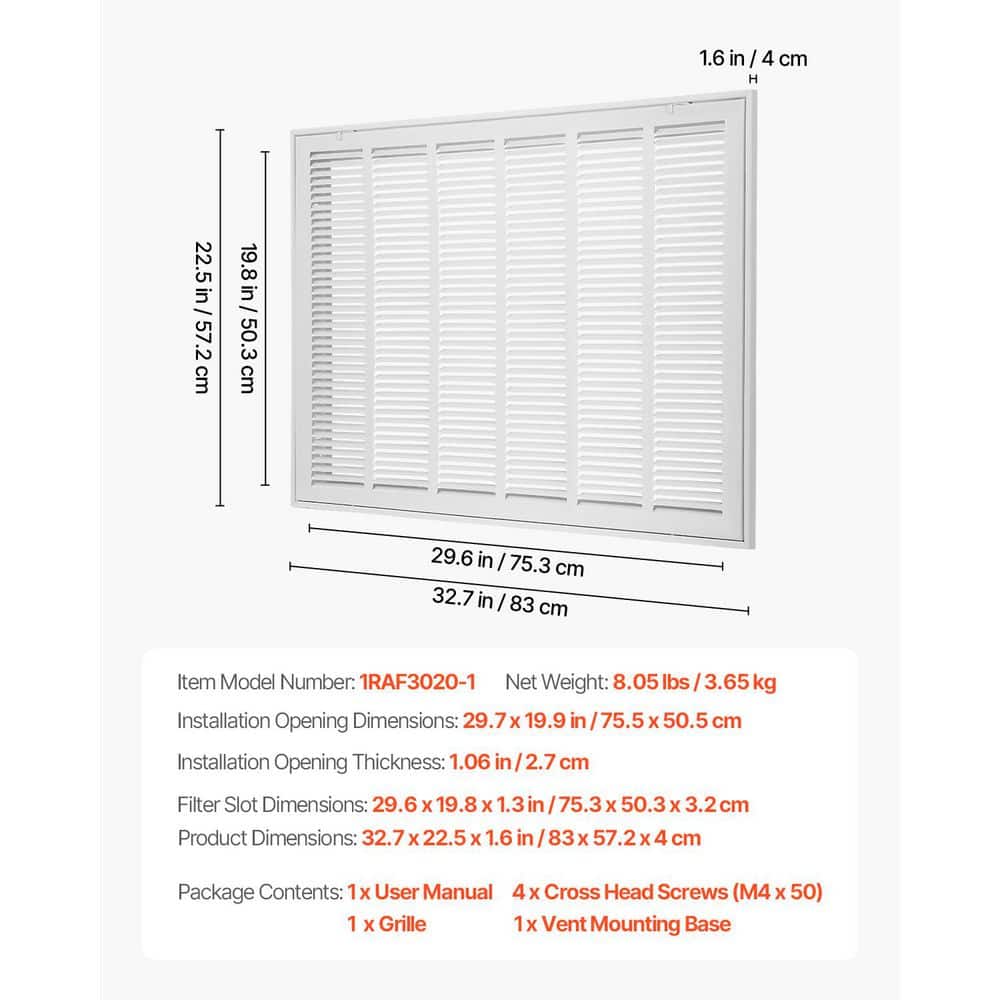 Return Air Filter Grille, Fits 30 W x 20 in. H Duct Opening, Filter Not Included, Return Air Vent Cover for Wall - Hercitys